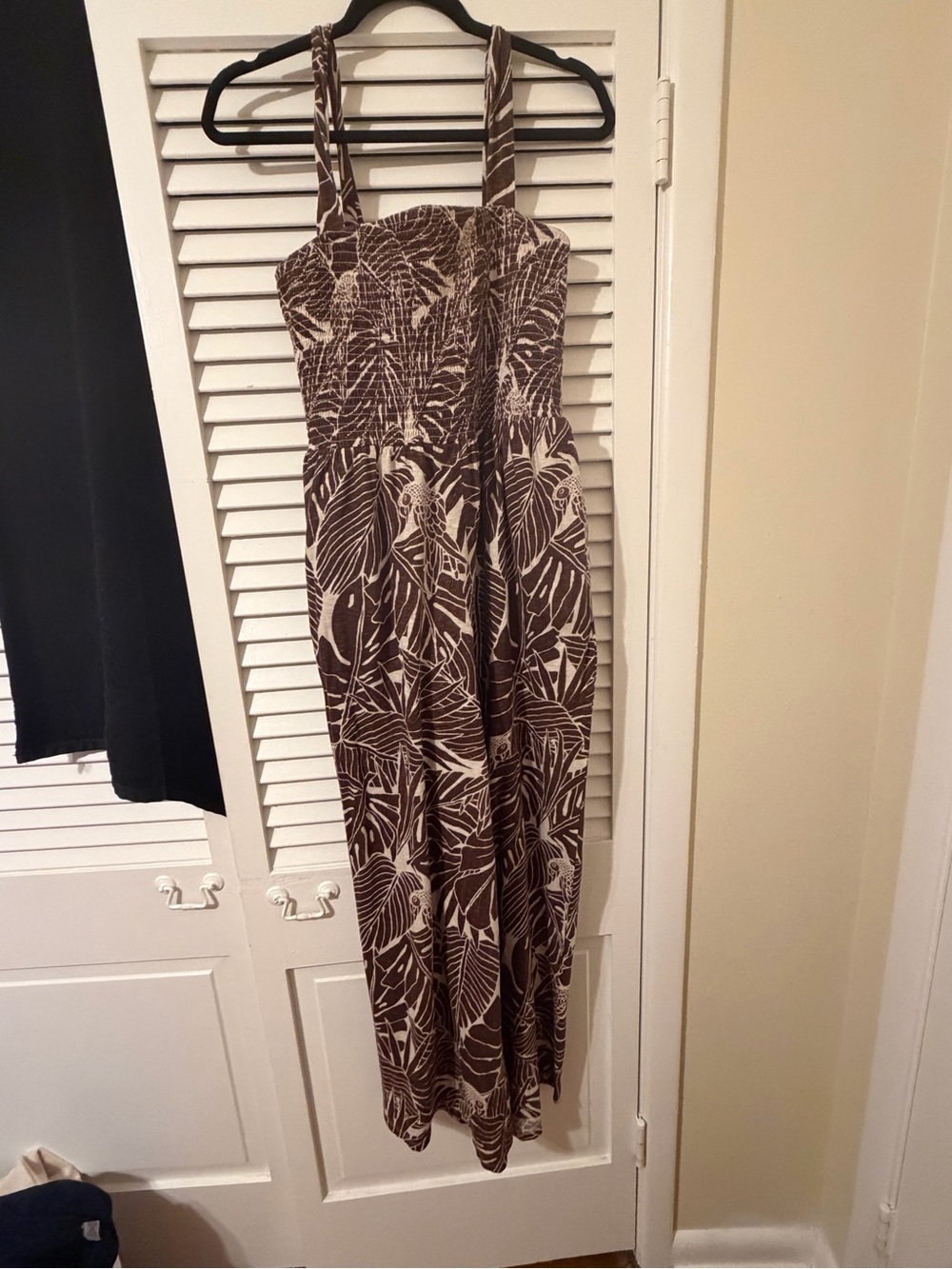 American Eagle Outfitters Brown Leaf-Print Smocked Strap Jumpsuit